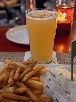 Spicy chicken wrap from the specials menu (already ate half, oops!) And Tribus Benji IPA brewed in Milford