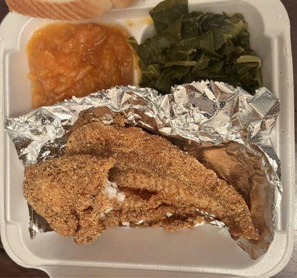 Fried catfish, yams and greens