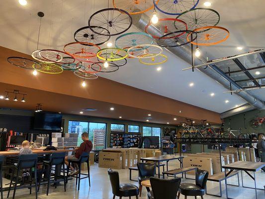 Bike shop view! I'm loving the cool art on the ceiling. You can sit at the bar/counter area and eat while watching them tune up your bike.