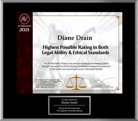 AV rating - the highest possible rating in both legal ability & ethical standards.