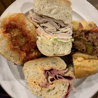 Cross sections of turkey (top), colon kicker (right), Reuben (bottom), and meatball (left)