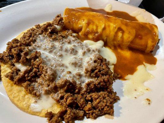 Part of combo #4: burrito and beef and cheese tostada