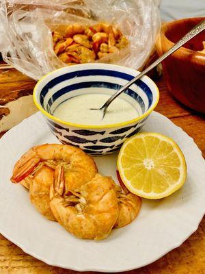 "Fresh Boiled shrimp" served hot or cold (Moi likes to serve it w/Lemon aioli) Winners Circle :)...