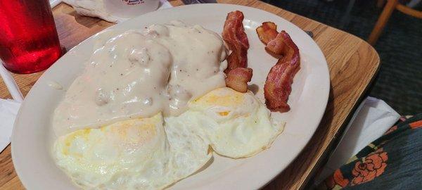 Eggs, biscuits and gravy