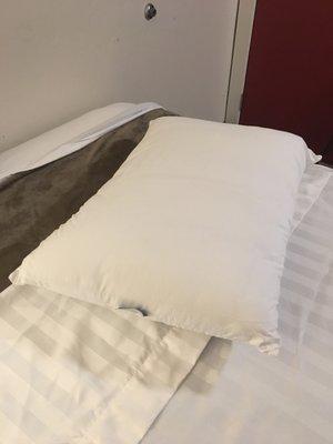 One of the pillows in the room was missing a cover.