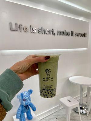 Black sesame matcha boba tea