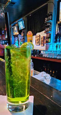 Midori Melon liqueur, soda, lime