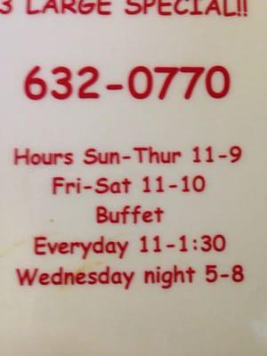 Pizza, salad, and dessert buffet 7 days a week.