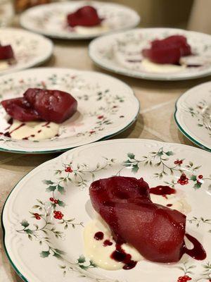 Red Wine Poached Pears with Lavender-Honey Mascarpone for dessert at a private holiday dinner, 12/9/2017