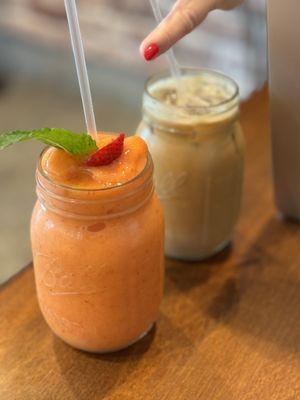 Strawberry/Mango Smoothie + Iced Latte with Almond Milk