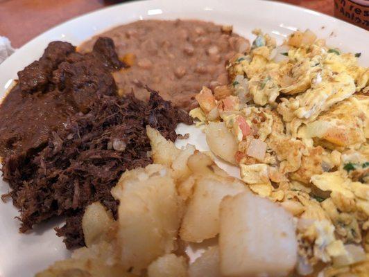 Major Breakfast Plate - barbacoa, carne gisada, potatoes, beans and eggs a la mexicana