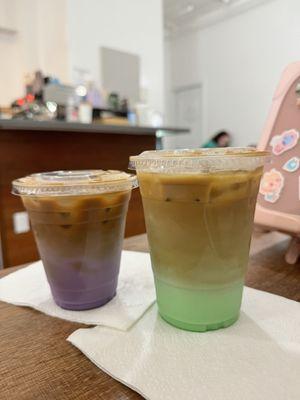 Ube latte and pandan latte