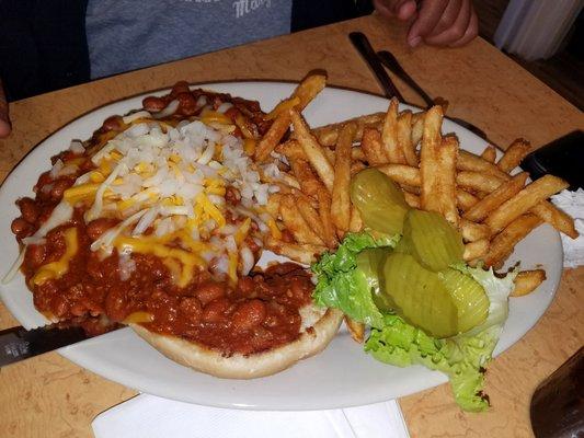 Chilli Size Burger. Open faced burger smothered in Chilli. The hubby says it's Yummy!