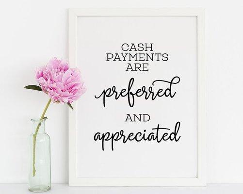 Cash payments are preferred to avoid the merchant processing fees that comes with the debit and credit card payment. Thank you very kindly.