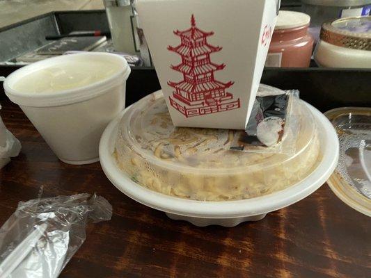 Chicken lo mien Noodle with chicken fried rice / the little cup is a egg drop soup.