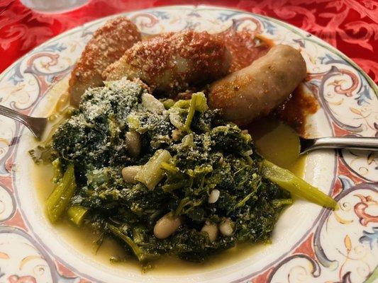 Sausage and broccoli with beans.