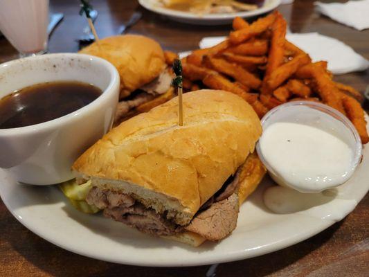 The Bradly dip comes with au jus  creamed horseradish  a pickle slice and one side. My choice was sweet potato fries. Great!