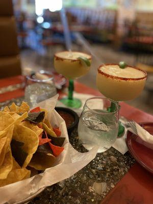 Frozen passion fruit margaritas, chips and salsa