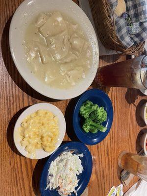 Chicken and dumplings with 3 sides (macaroni and cheese, broccoli and coleslaw) for $10.49.... what a deal!