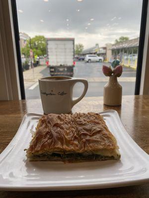 Greek coffee and vegan spanakopita