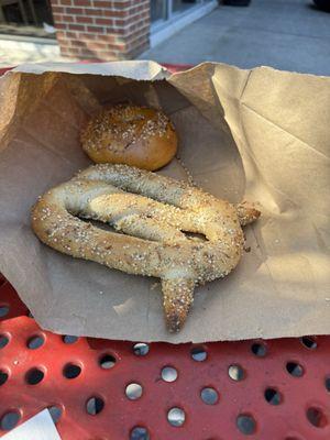 Everything pretzel and Asiago egg and bacon bagels