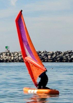 Windsuping with Winged not Wired. Ventura Harbor. standup paddle board and wind sails, great for couples, ages 4+