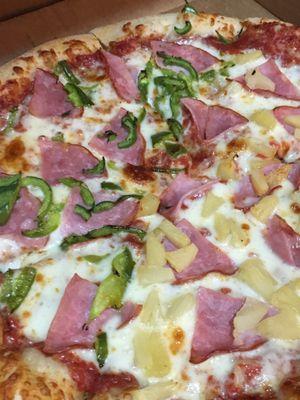 Canadian bacon and green pepper, and with pineapple.