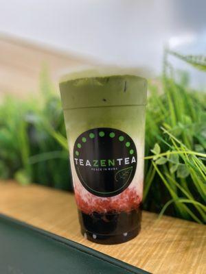 Strawberry matcha with boba