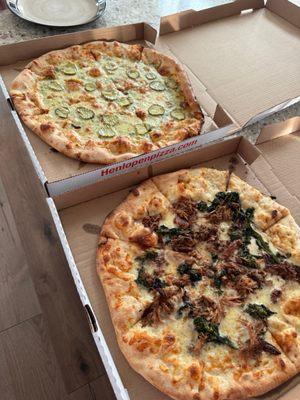 Pesto pickle pizza and roast pork and broccoli rabe