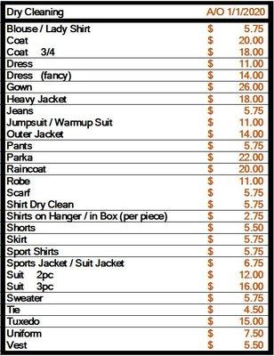 Dry cleaning Price list as of 1/1/2020