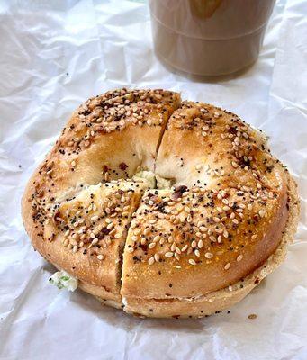 Everything bagel with scallion cream cheese and large iced coffee