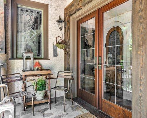 Solid Mahogany Doors with leaded glass panels and Rocky Mountain Hardware