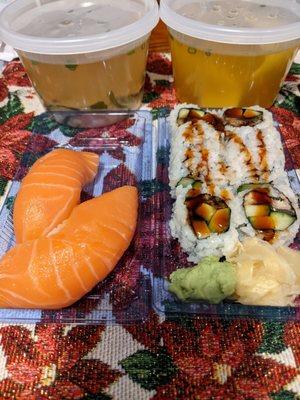 Salmon sushi, eel and cucumber roll, miso soup and wonton soup