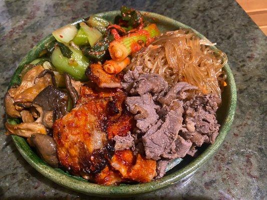 Marinated pork belly, marinated ribeye, bok choy, jap chae, oyster mushrooms, green onion kimchi - prepared at home