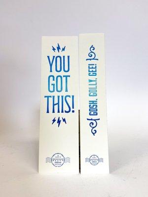 Double thick bookmarks with blended two color toned letterpress printing.