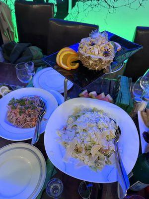 Exotic Chicken Salad (top right) Cesar Salad (bottom right) beef tongue salad (left)