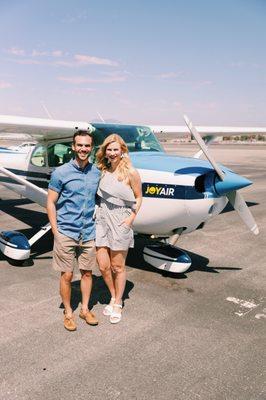 We'll take some pictures of you with the airplane before you takeoff! Here's a couple getting ready for a romantic air tour for 2.