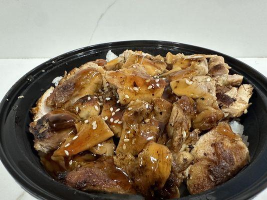 Chicken teriyaki bowl with white rice.