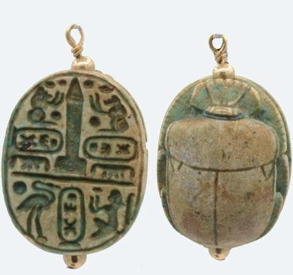 EGYPTIAN GREEN GLAZE STEATITE INSCRIBED ROYAL SCARAB FOR TUTMOSIS III
14539