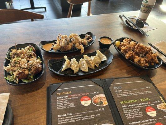 Takoyaki-Octopus Ball, Ika Geso Karaage (fried calamari legs), Pork Gyoza (6 Pieces), Karaage Chicken (10 pcs)