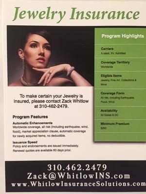 If you need any Jewelry Insured please contact Zack @ 310-462-2479.  Be sure to keep your receipts or have an appraisal on file.