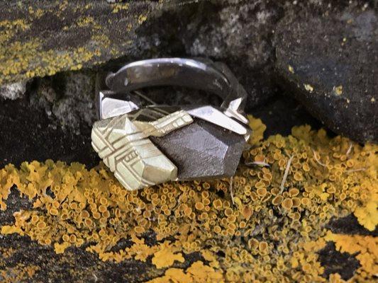 Custom made meteorite and green gold and sterling silver ring