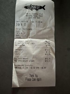 Invoice for five piece lunch and drink