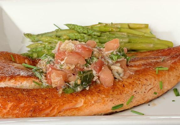 Pan seared rainbow trout with asparagus & tomato-basil crab relish