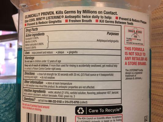 This bottle of Listerine does not have glycerine, which is bad for teeth. But it does have poloaxmer 407 which is a plastic.