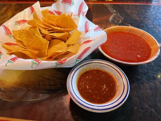 Chips, hot sauce and regular sauce.