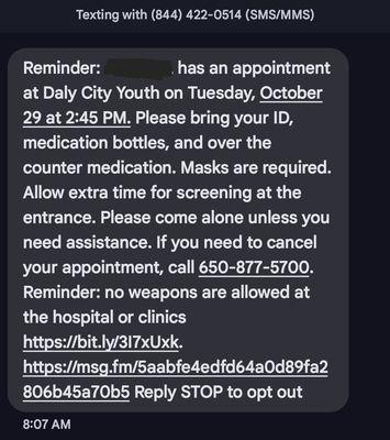 The text message sent to me 2 days before my daughter's appointment.