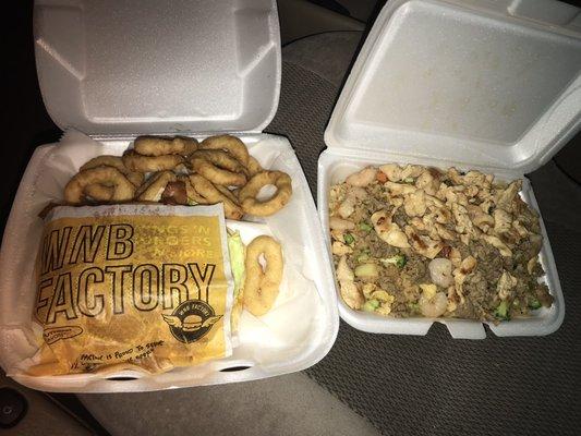 WNB The Signature "Factory" Burger with onion rings & House Fried Rice