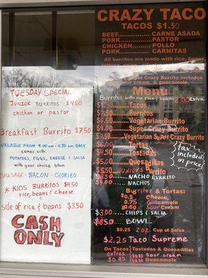 Menu as of 2/5/23 (Closed on Sundays)