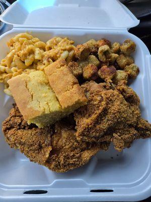 Fried chicken, queso mac, and fried okra.